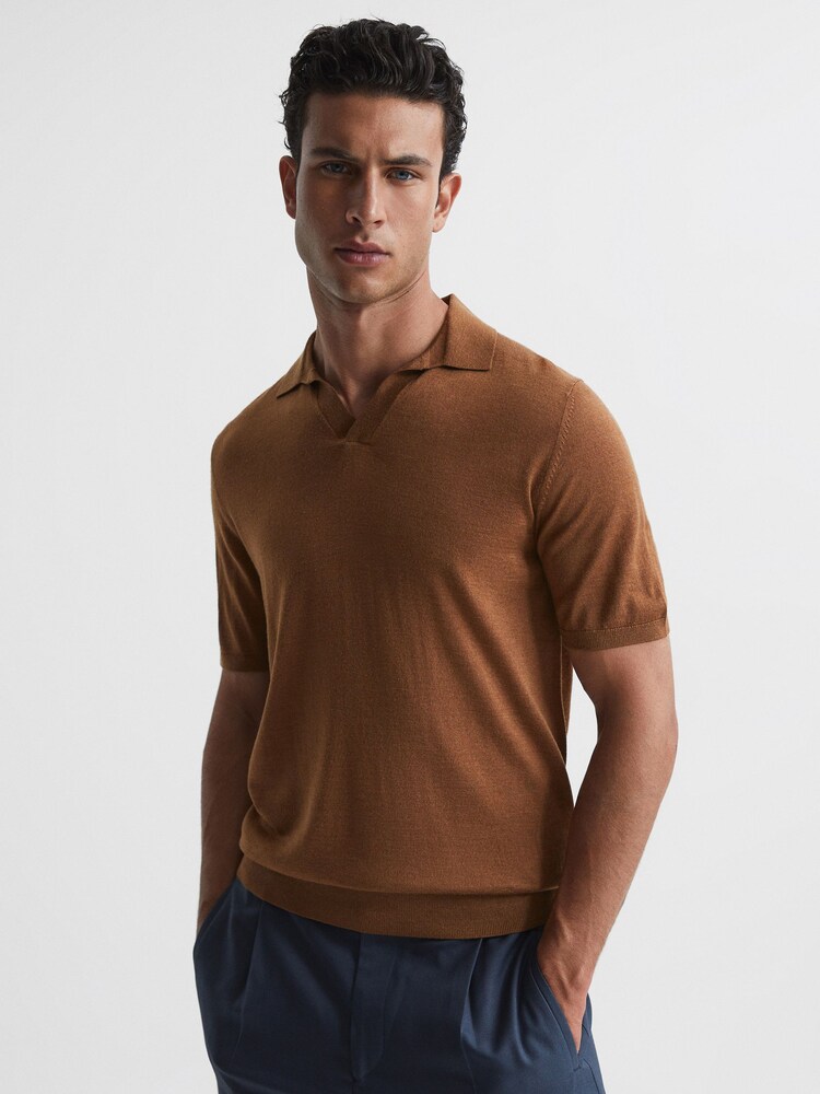 Reiss Camel Malbec Open Collar Silk Merino Polo Shirt - Image 1 of 6 Reiss Camel Malbec Open Collar Silk Merino Polo Shirt - Image 1 of 6