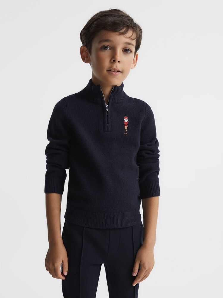 Reiss Navy Harold Junior Wool Embroidered Drummer Half Zip Jumper - Image 1 of 6
