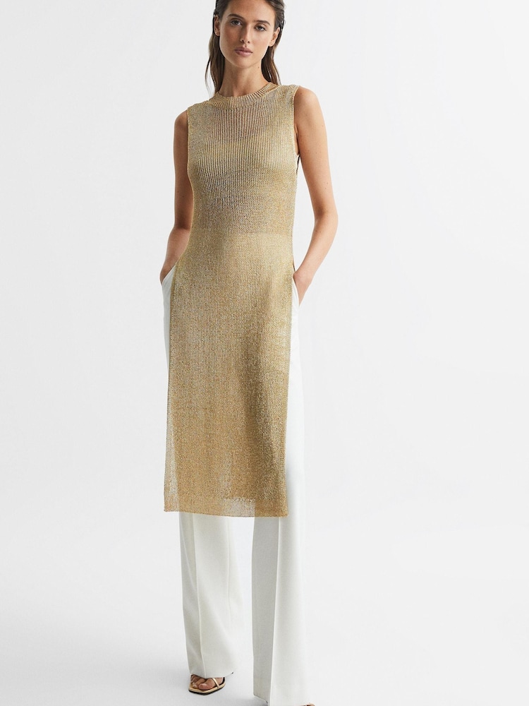 Reiss Bronze Genevieve Metallic Open Knit Tunic - Image 1 of 6