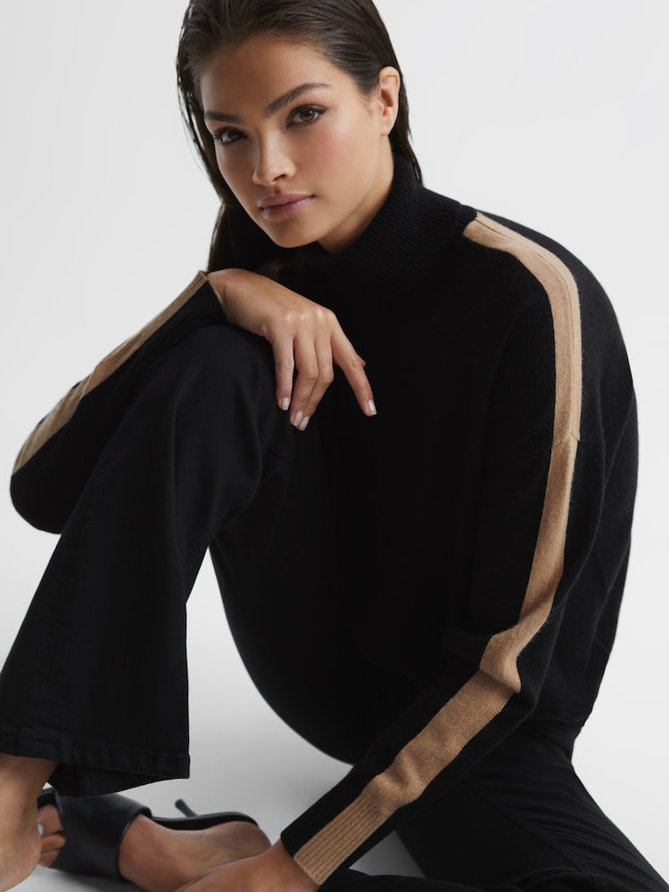Reiss Black/Camel Nova Colourblock Knitted Roll Neck Jumper - Image 1 of 7
