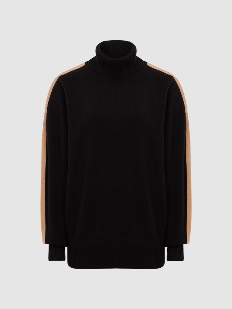 Reiss Black/Camel Nova Colourblock Knitted Roll Neck Jumper - Image 2 of 7
