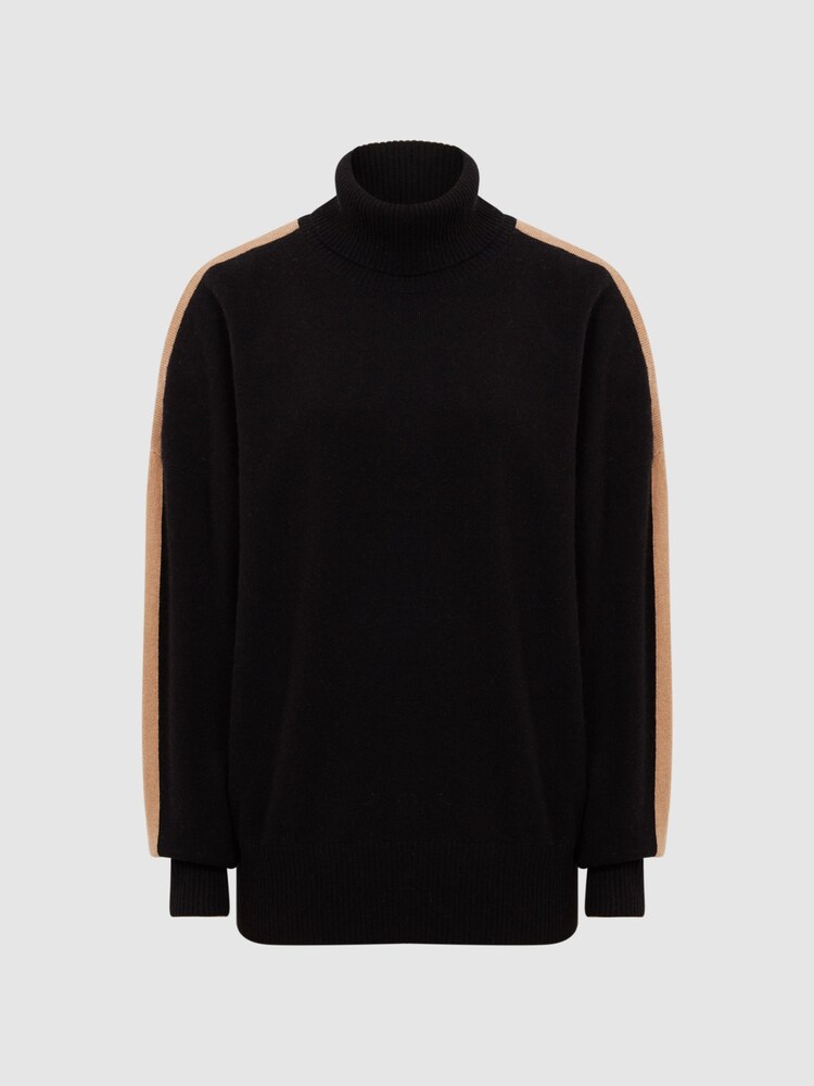 Reiss Black/Camel Nova Colourblock Knitted Roll Neck Jumper - Image 2 of 7 Reiss Black/Camel Nova Colourblock Knitted Roll Neck Jumper - Image 2 of 7