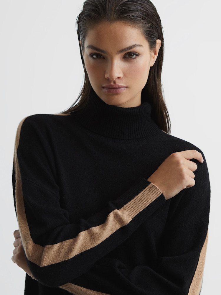 Reiss Black/Camel Nova Colourblock Knitted Roll Neck Jumper - Image 7 of 7