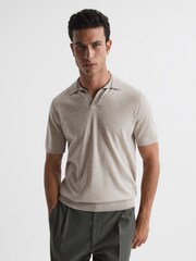 Reiss Oatmeal Malbec Open Collar Silk Merino Polo Shirt - Image 1 of 6