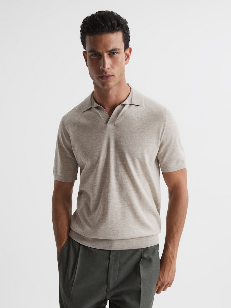 Reiss Oatmeal Malbec Open Collar Silk Merino Polo Shirt - Image 1 of 6