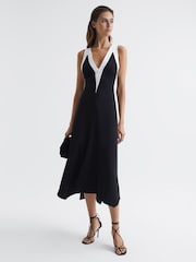 Reiss Black/White Autumn Colourblock V-Neck Midi Dress - Image 1 of 7