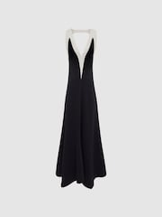 Reiss Black/White Autumn Colourblock V-Neck Midi Dress - Image 2 of 7