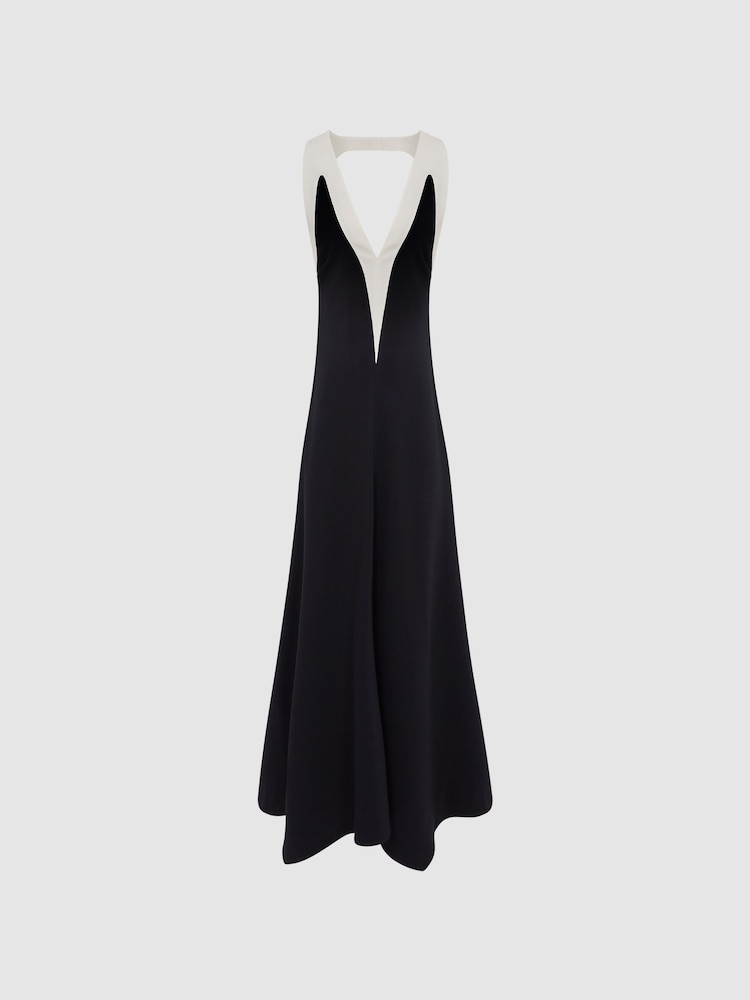 Reiss Black/White Autumn Colourblock V-Neck Midi Dress - Image 2 of 7