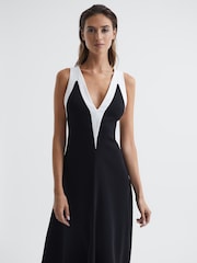 Reiss Black/White Autumn Colourblock V-Neck Midi Dress - Image 6 of 7