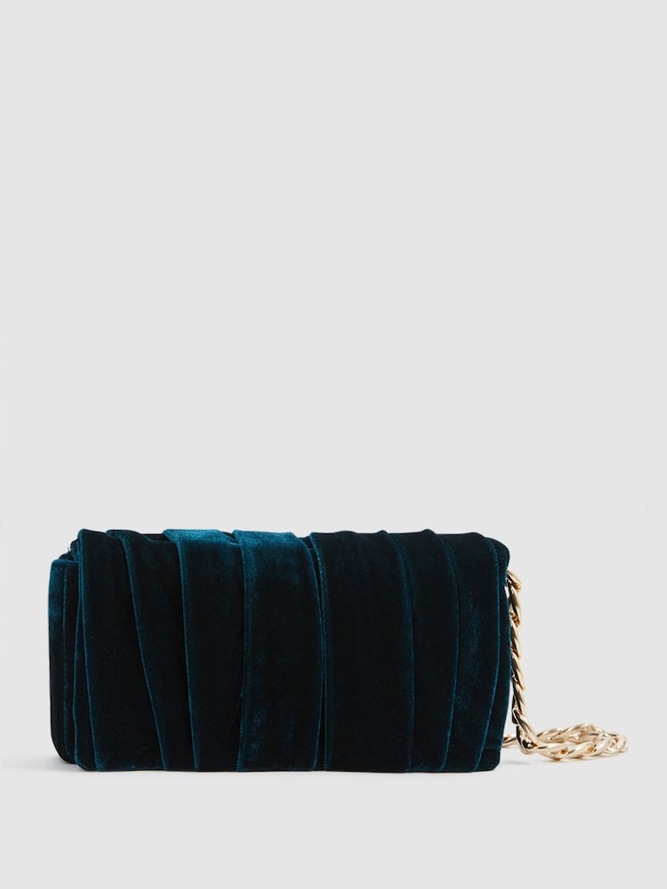 Reiss Teal Camille Velvet Twisted Clutch Bag - Image 1 of 6