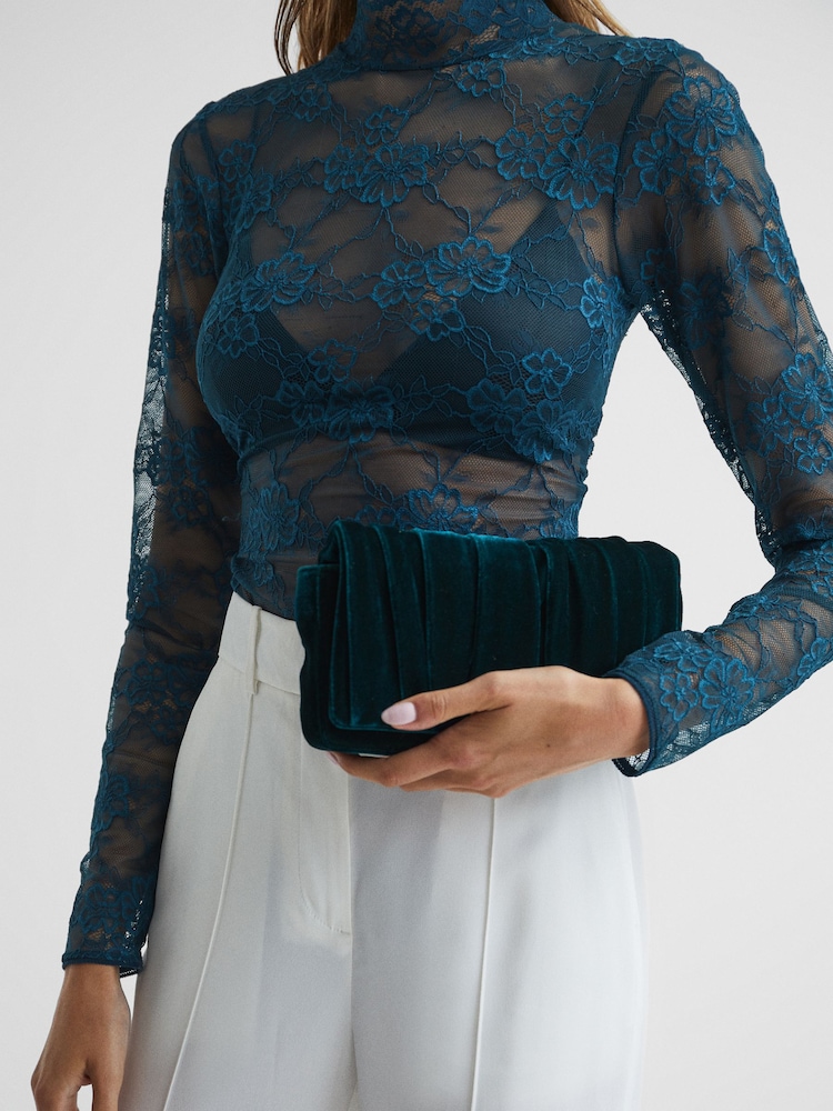 Reiss Teal Camille Velvet Twisted Clutch Bag - Image 2 of 6