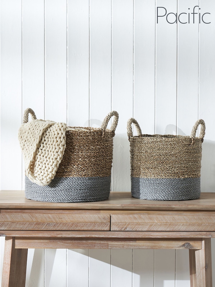 Pacific Set of 2 Grey Banana Leaf Two Tone Storage Baskets - Image 4 of 4