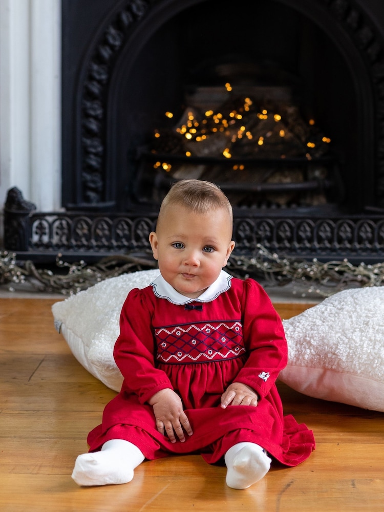 Emile Et Rose Red Embroidered Scallop Dress With Tights - Image 1 of 3