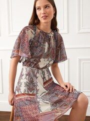Ecru-Creme/Paisleymuster - Minikleid mit Netzstoff und Flatterärmeln - Bild 1 von 5
