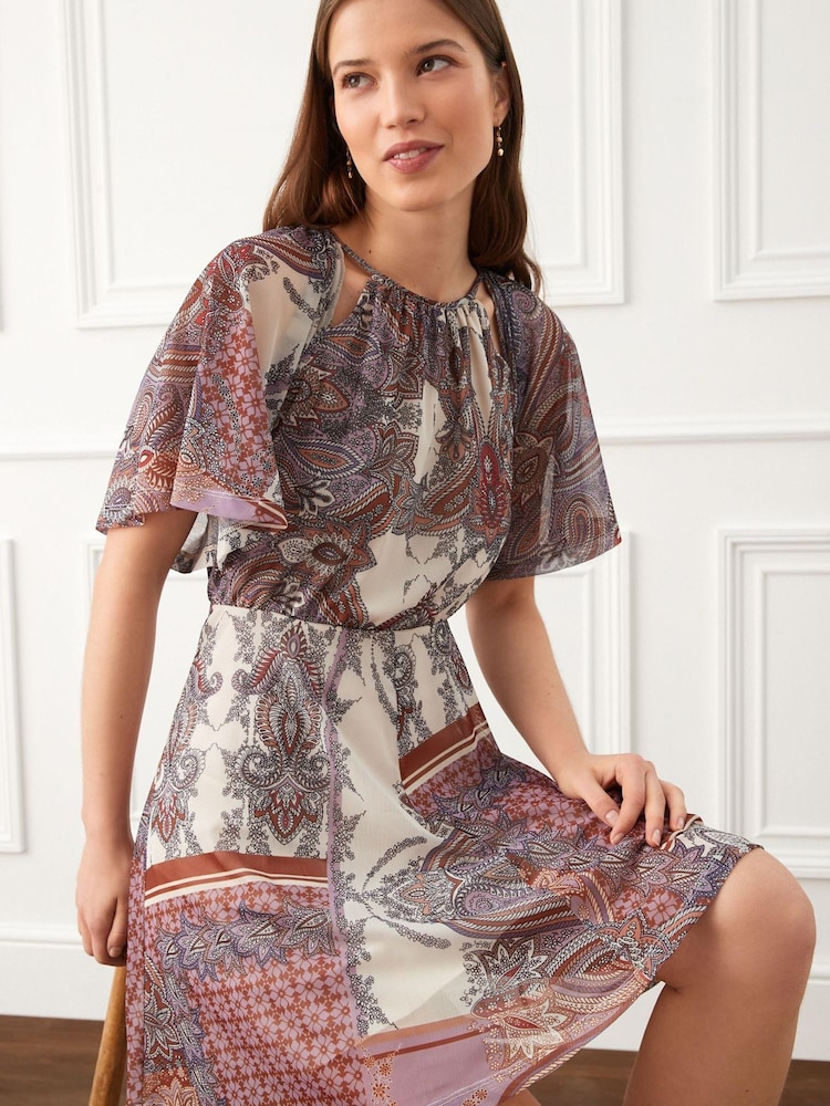 Ecru-Creme/Paisleymuster - Minikleid mit Netzstoff und Flatterärmeln - Bild 1 von 5