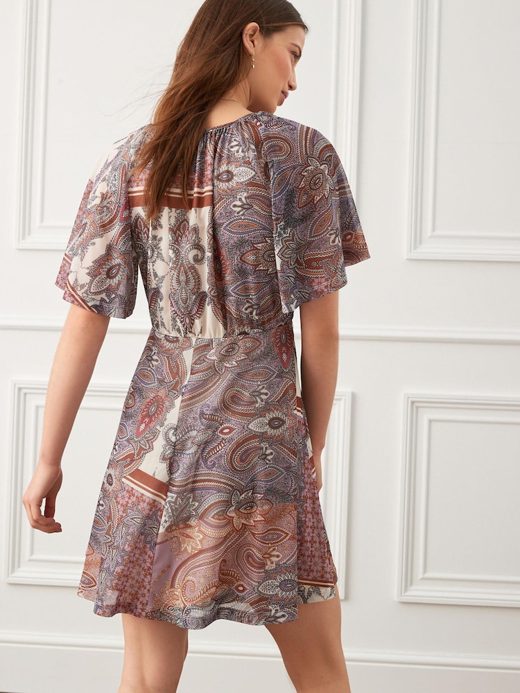 Ecru-Creme/Paisleymuster - Minikleid mit Netzstoff und Flatterärmeln - Bild 2 von 5