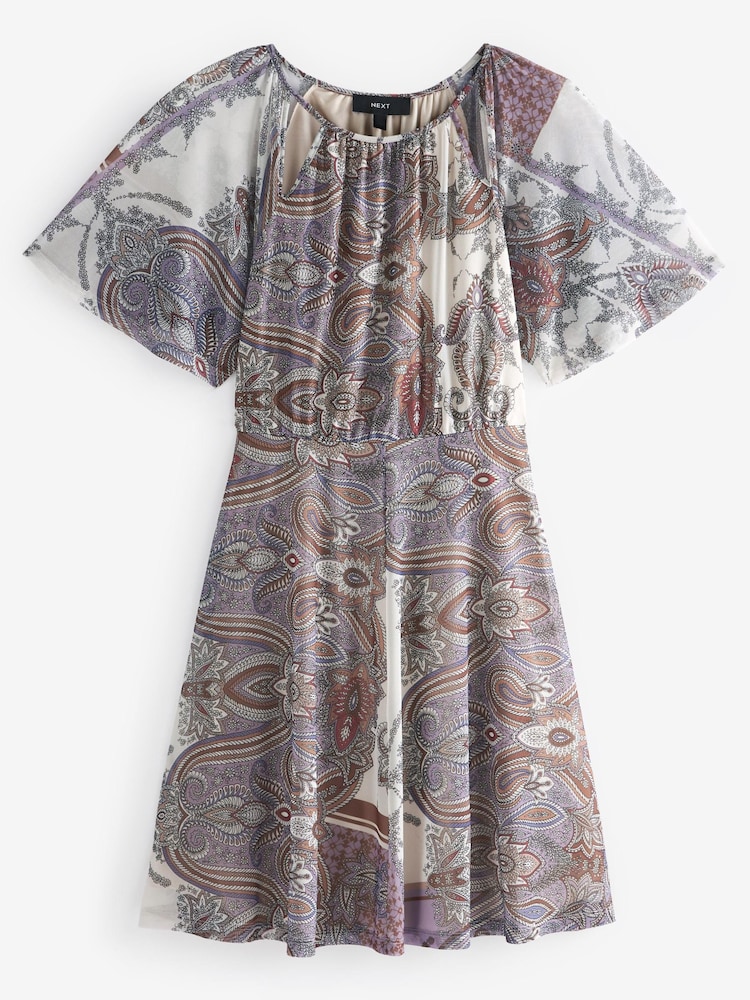 Ecru-Creme/Paisleymuster - Minikleid mit Netzstoff und Flatterärmeln - Bild 5 von 5