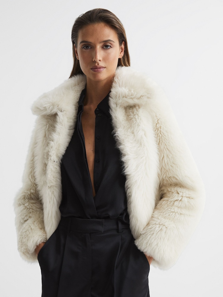 Reiss Cream Caitlin Short Shearling Jacket - Image 1 of 6 Reiss Cream Caitlin Short Shearling Jacket - Image 1 of 6