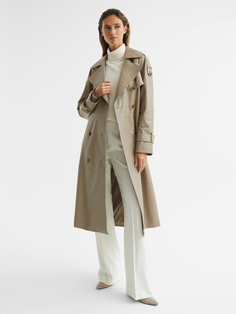 Reiss Taupe Maya Leather Trench Coat - Image 1 of 7