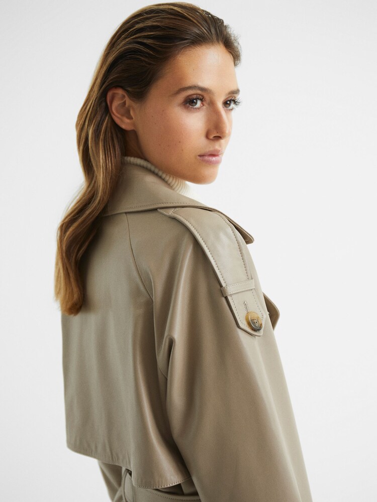 Reiss Taupe Maya Leather Trench Coat - Image 7 of 7