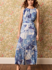 Morris & Co. Acanthus Blue Floral Sleeveless Pleated Maxi Dress - Image 3 of 6