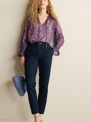 Purple Floral Long Sleeve V-Neck Sheer Blouse with Lace Trim Detail - Image 2 of 5