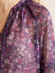 Purple Floral Long Sleeve V-Neck Sheer Blouse with Lace Trim Detail - Image 3 of 5