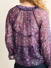 Purple Floral Long Sleeve V-Neck Sheer Blouse with Lace Trim Detail - Image 4 of 5