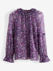 Purple Floral Long Sleeve V-Neck Sheer Blouse with Lace Trim Detail - Image 5 of 5