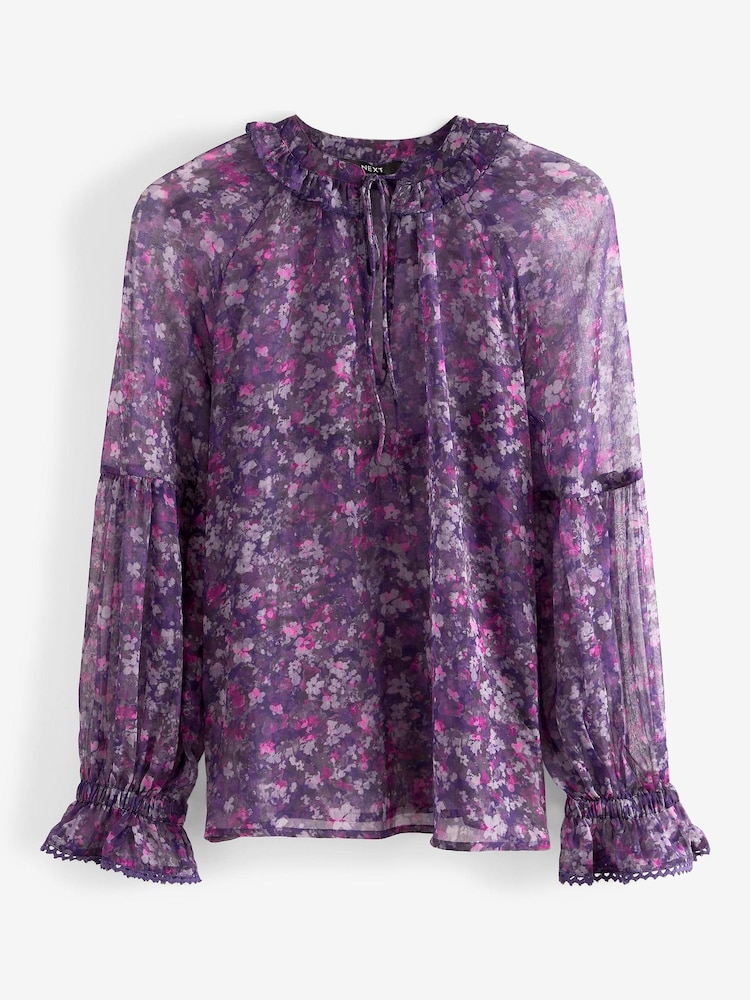 Purple Floral Long Sleeve V-Neck Sheer Blouse with Lace Trim Detail - Image 5 of 5