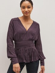Plum Purple Pleated Long Sleeves V-Neck Top - Image 1 of 5