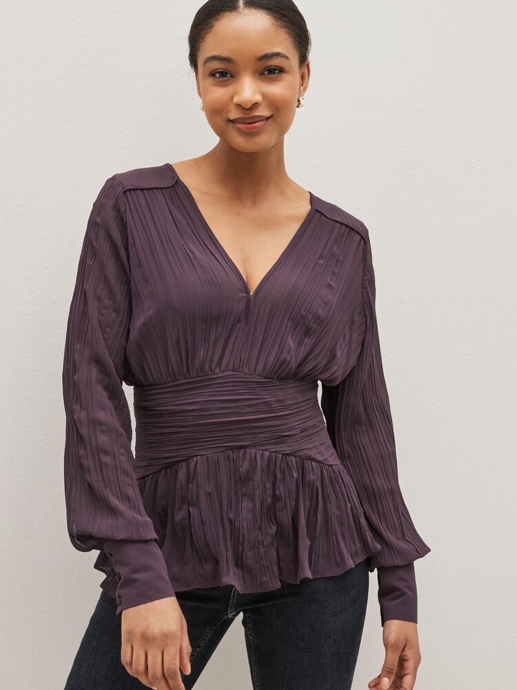 Plum Purple Pleated Long Sleeves V-Neck Top - Image 1 of 5