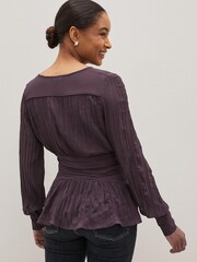 Plum Purple Pleated Long Sleeves V-Neck Top - Image 2 of 5