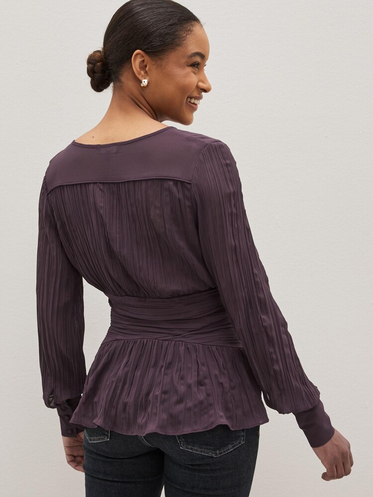 Plum Purple Pleated Long Sleeves V-Neck Top - Image 2 of 5