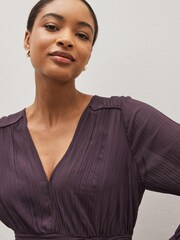Plum Purple Pleated Long Sleeves V-Neck Top - Image 4 of 5