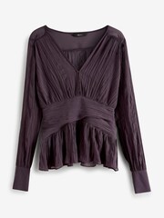 Plum Purple Pleated Long Sleeves V-Neck Top - Image 5 of 5