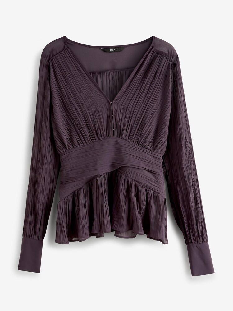 Plum Purple Pleated Long Sleeves V-Neck Top - Image 5 of 5