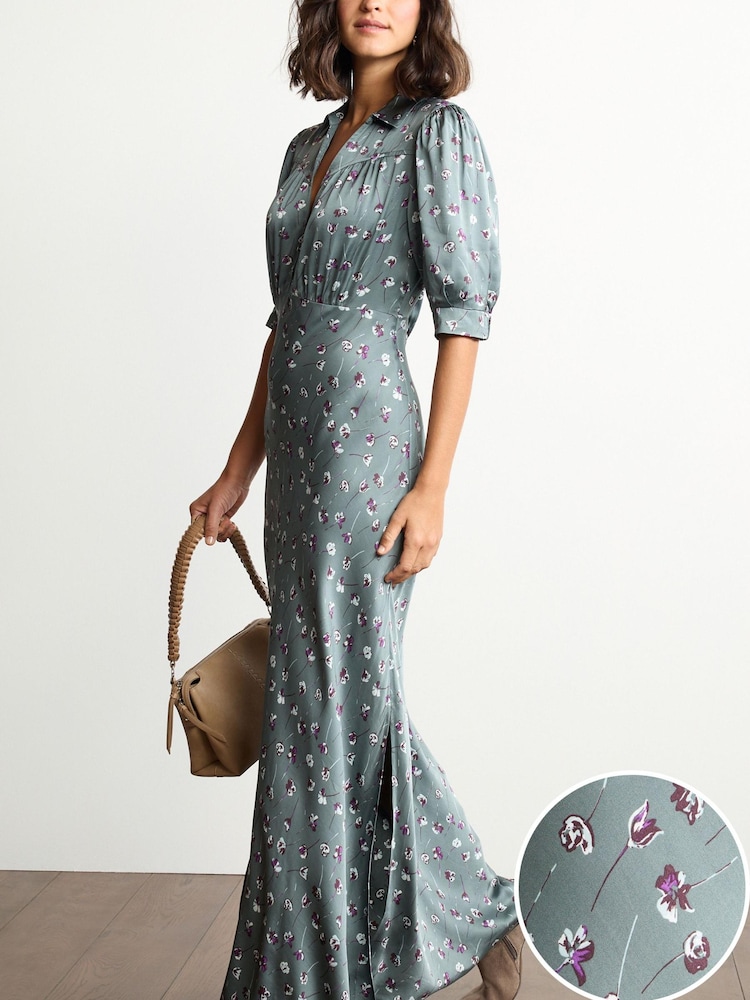 Green Floral Split Hem Puff Sleeve V-Neck Maxi Dress - Image 1 of 4