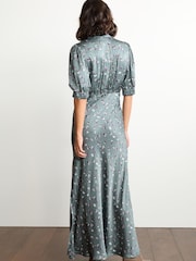 Green Floral Split Hem Puff Sleeve V-Neck Maxi Dress - Image 2 of 4