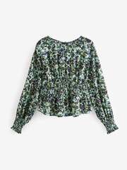 Blue Floral Long Sleeve Waisted Top - Image 1 of 1