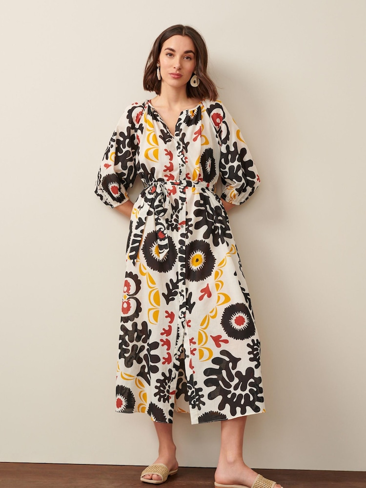 Black/White Print 100% Cotton Midi Shirt Dress - Image 1 of 5