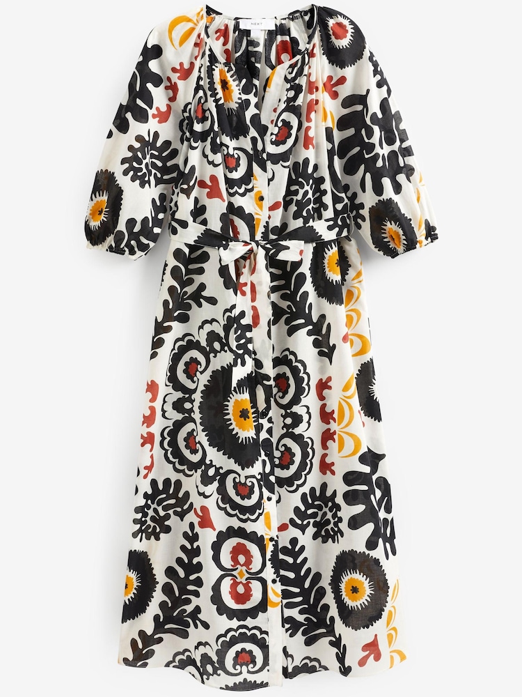 Black/White Print 100% Cotton Midi Shirt Dress - Image 5 of 5