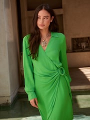 Green Side Tie Detail Wrap Mini Dress - Image 1 of 4