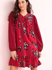 Red/Navy Blue Floral Long Sleeve Mini Dress - Image 1 of 5