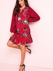 Red/Navy Blue Floral Long Sleeve Mini Dress - Image 2 of 5