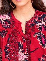 Red/Navy Blue Floral Long Sleeve Mini Dress - Image 4 of 5