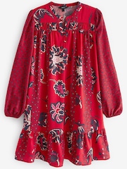 Red/Navy Blue Floral Long Sleeve Mini Dress - Image 5 of 5