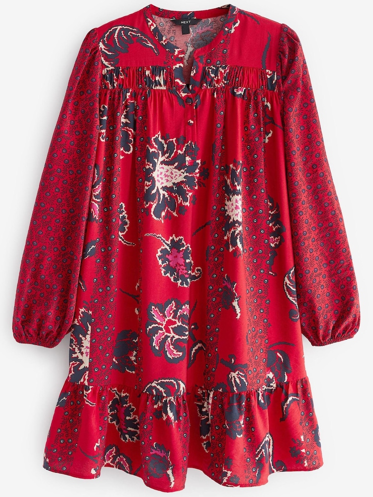 Red/Navy Blue Floral Long Sleeve Mini Dress - Image 5 of 5