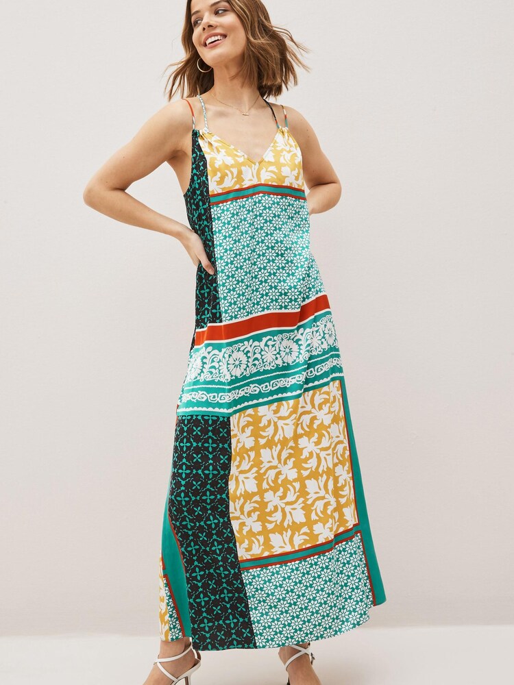 Blue/Yellow Print V-Neck Satin Cami Midi Dress - Image 1 of 4