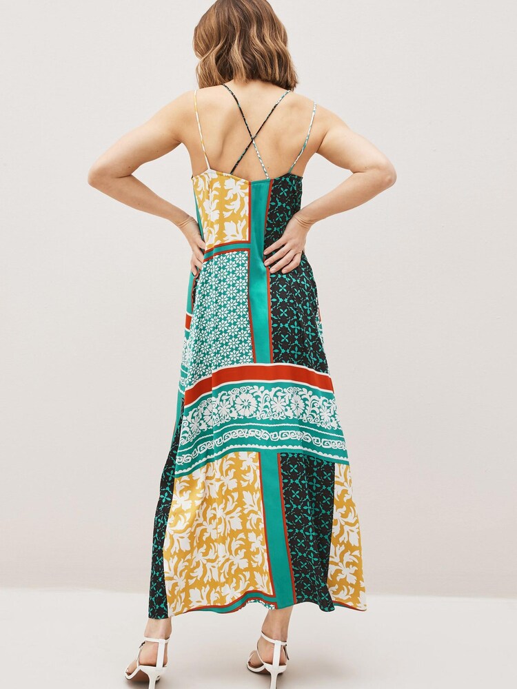 Blue/Yellow Print V-Neck Satin Cami Midi Dress - Image 2 of 4